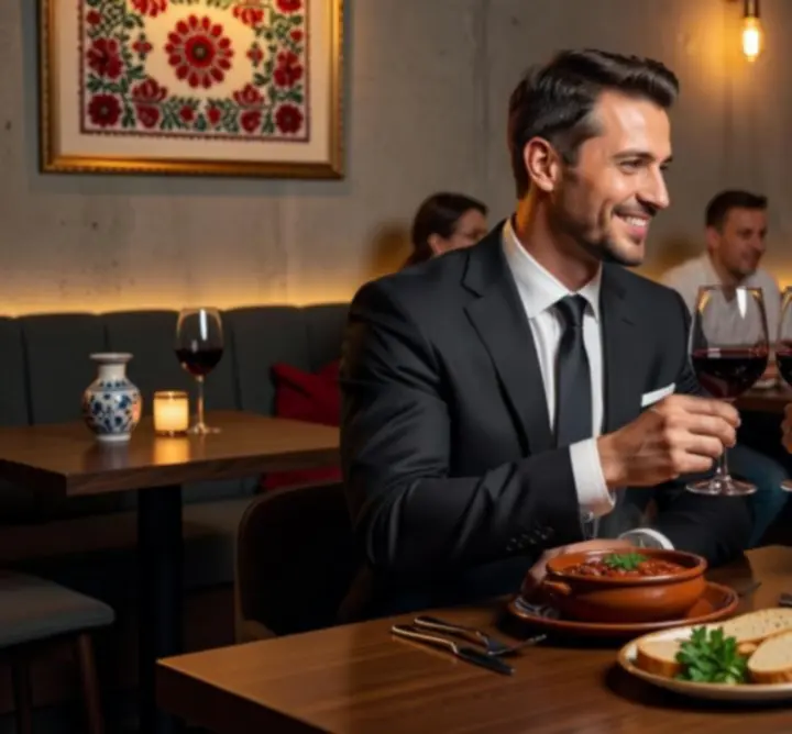 Mosolygó vendég elegáns vacsora közben a Magyar Resto Clubban
